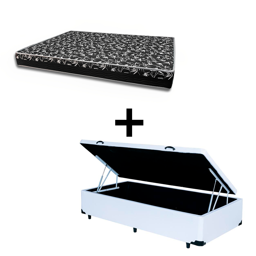 Cama Box Baú Solteiro 88 Tecido Sintético Branco com Colchão Belize Bello Box - D33 Preto 58x88x188
