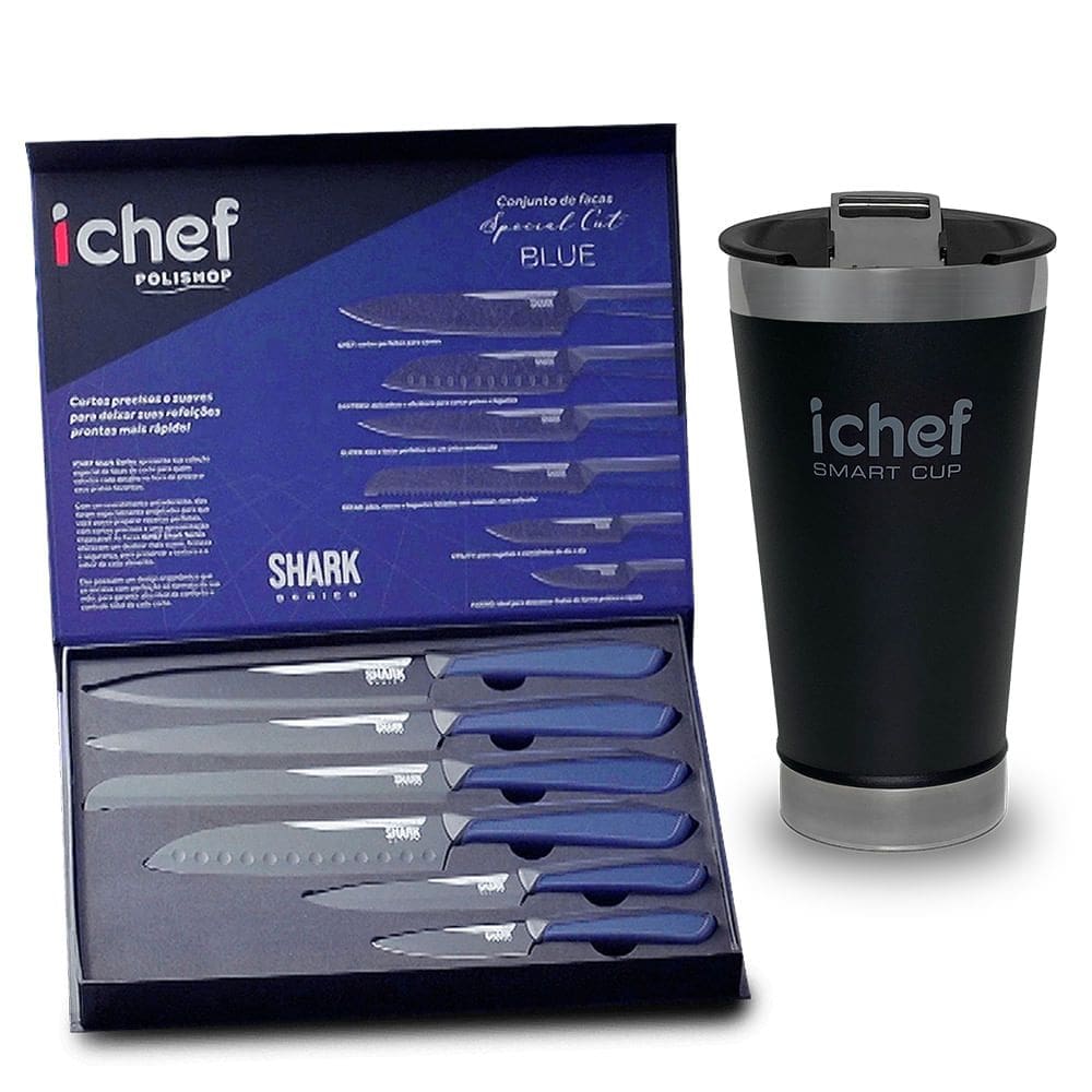 Conjunto de Facas Special Cut Blue Duo e Copo Térmico Com Tampa Smart Cup 600ml Ichef