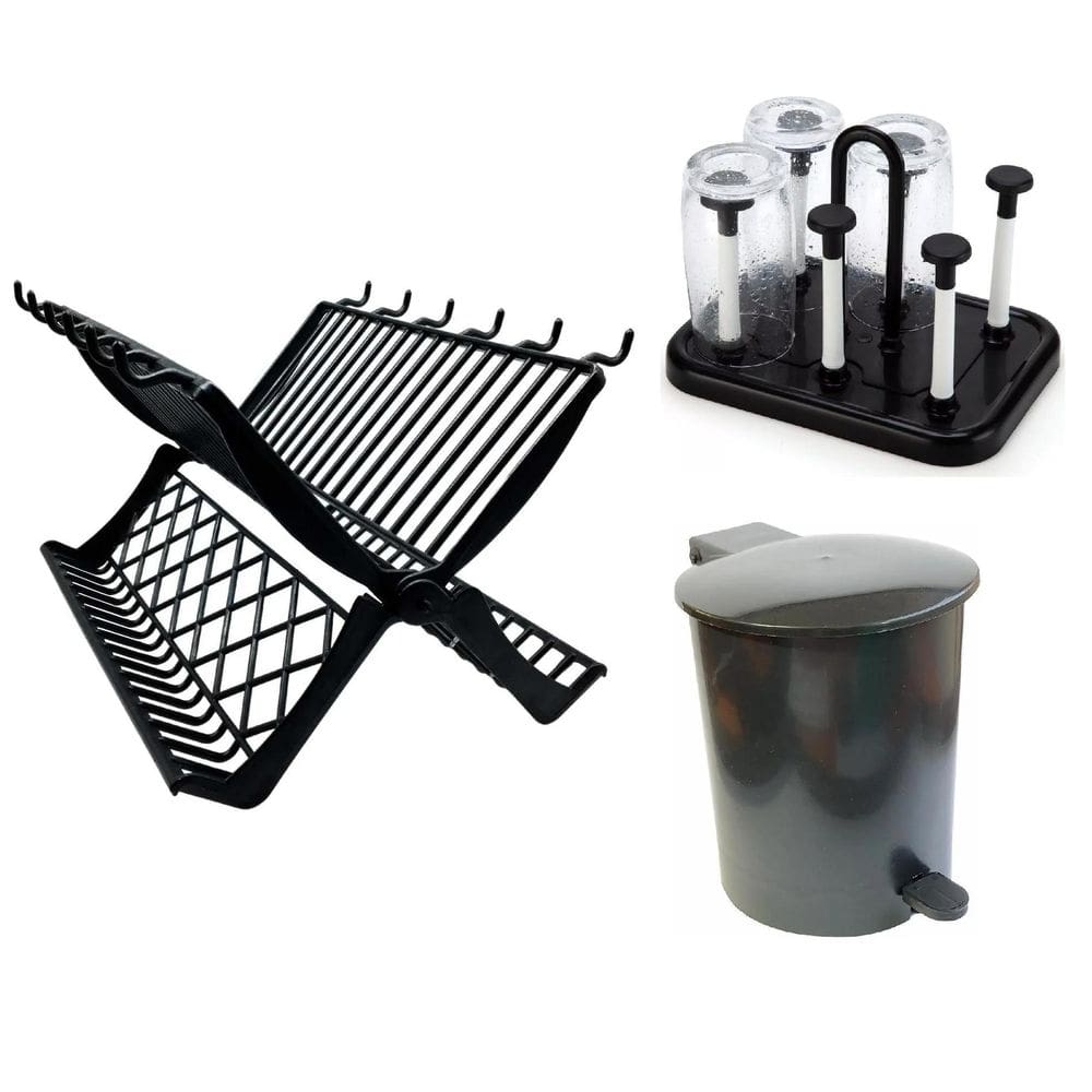 Conjunto De Cozinha Escorredor Pratos Copos Lixeira 3 Peças