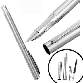 Caneta Prata Pena Tinteiro Presente Luxo Extra Fina 0,38Mm