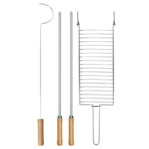 Kit Preparo Churrasco 4Pcs Churrasqueira 55Cm Madeira Mor