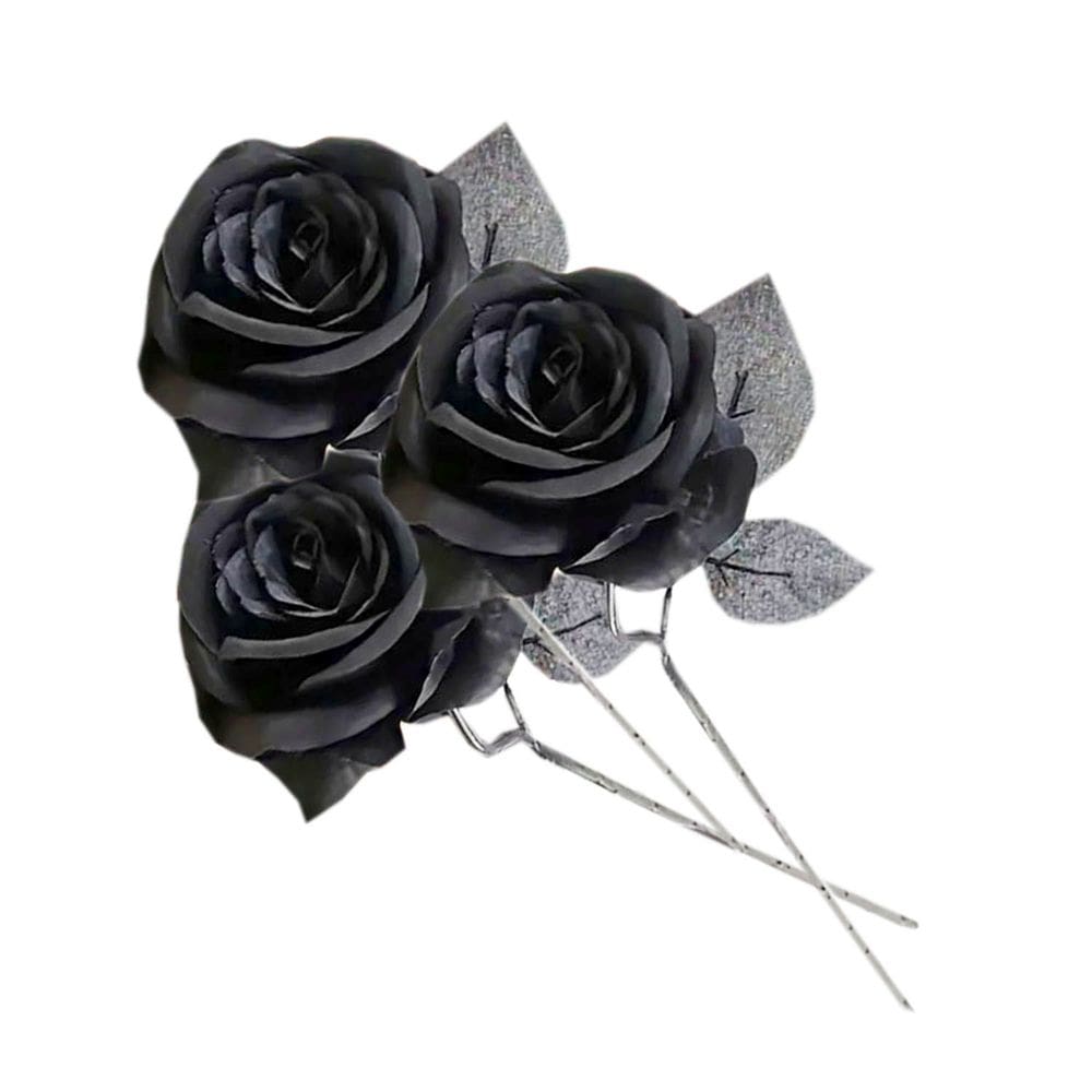 Buquê Rosas Negras Artificiais Decoração Festa Halloween: Kit com 3 Rosas