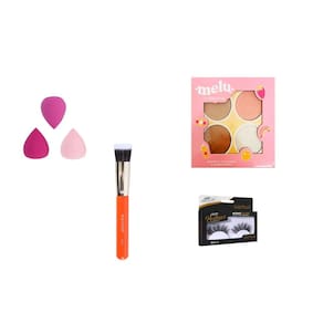 Kit Make Pincel Macrilan, 3 Mini Esponjas Macrilan, Quarteto Bush e Iluminador Mellu, Par Cilios Posticos Intense Volume Efeito Alongado