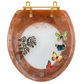 Assento Sanitário Poliester Oval Caramelo Decorado Borboletas Com Ferragem Dourada