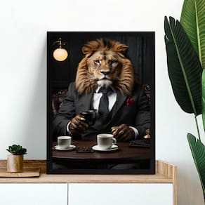 Quadro Leão Tomando Café 33X24Cm - Com Vidro