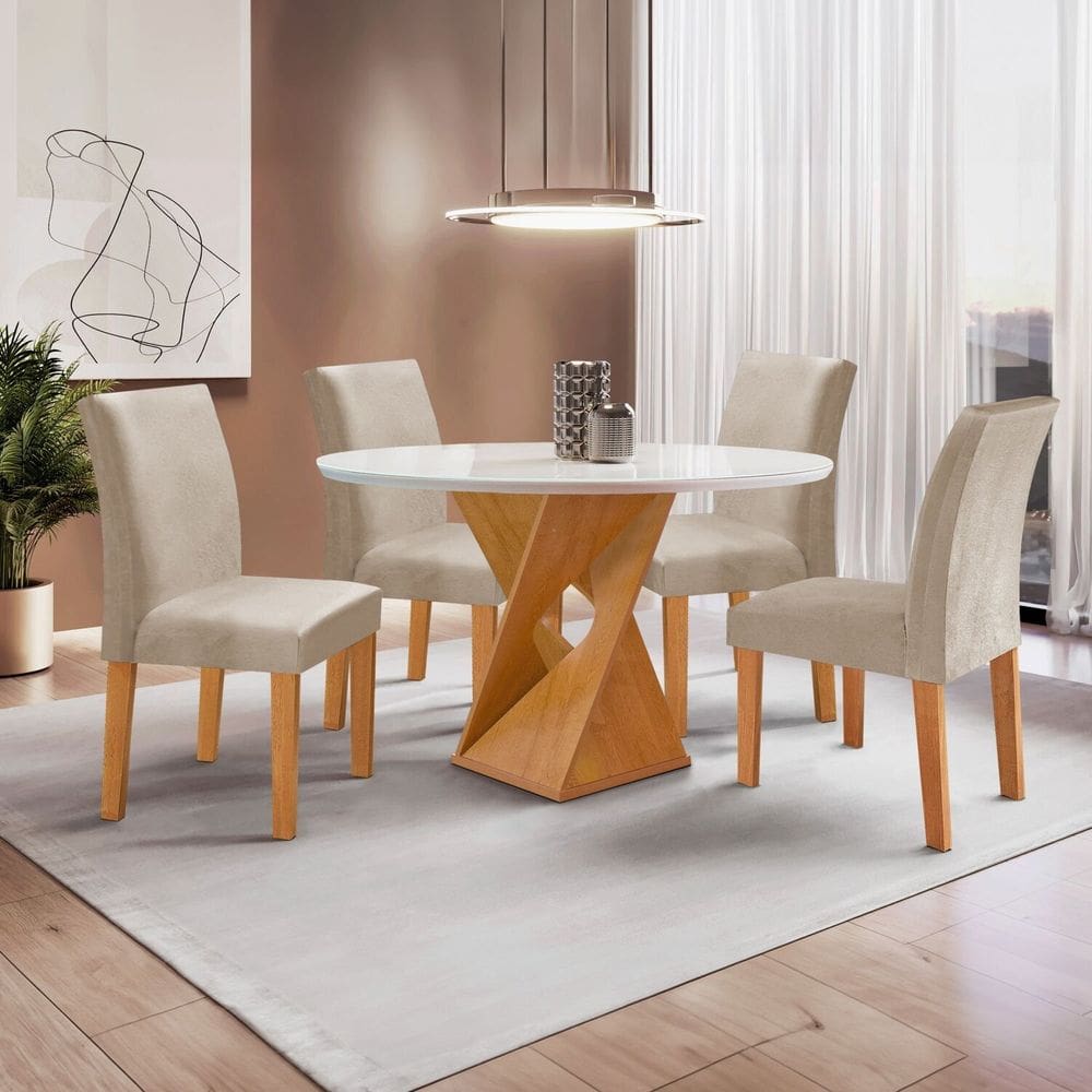 Conjunto Mesa Barcelona 100cmx100cm 4 Cadeiras Espanha Tampo Slim Plus Redondo Vidro Yescasa Cinamomo/Off White/Bege Claro