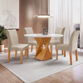 Conjunto Mesa Barcelona 100cmx100cm 4 Cadeiras Espanha Tampo Slim Plus Redondo Vidro Yescasa Cinamomo/Off White/Bege Claro