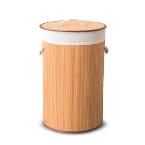 Cesto Redondo de Bambu Rústico Tampa Organizador Decorativo Multiuso Roupas Sujas Forrado Dobrável Ideal Lavanderia Banh