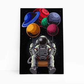 Astronauta Balanço Balões Planetas Quadro Canvas 60X40Cm