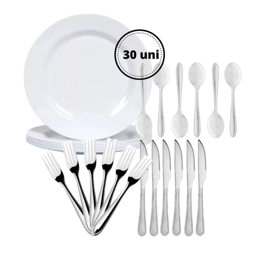 Kit 12 Pratos Branco Raso Melamina Garfo Faca Colher Inox