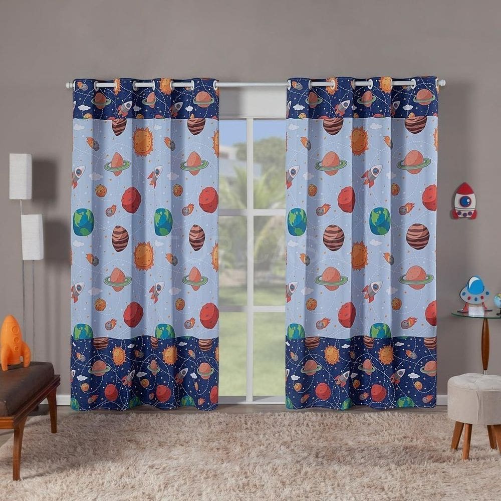 Cortina Infantil Planetas Para Quarto 3.00X2,20 Estampada