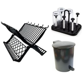 Conjunto De Cozinha Escorredor Pratos Copos Lixeira 3 Peças