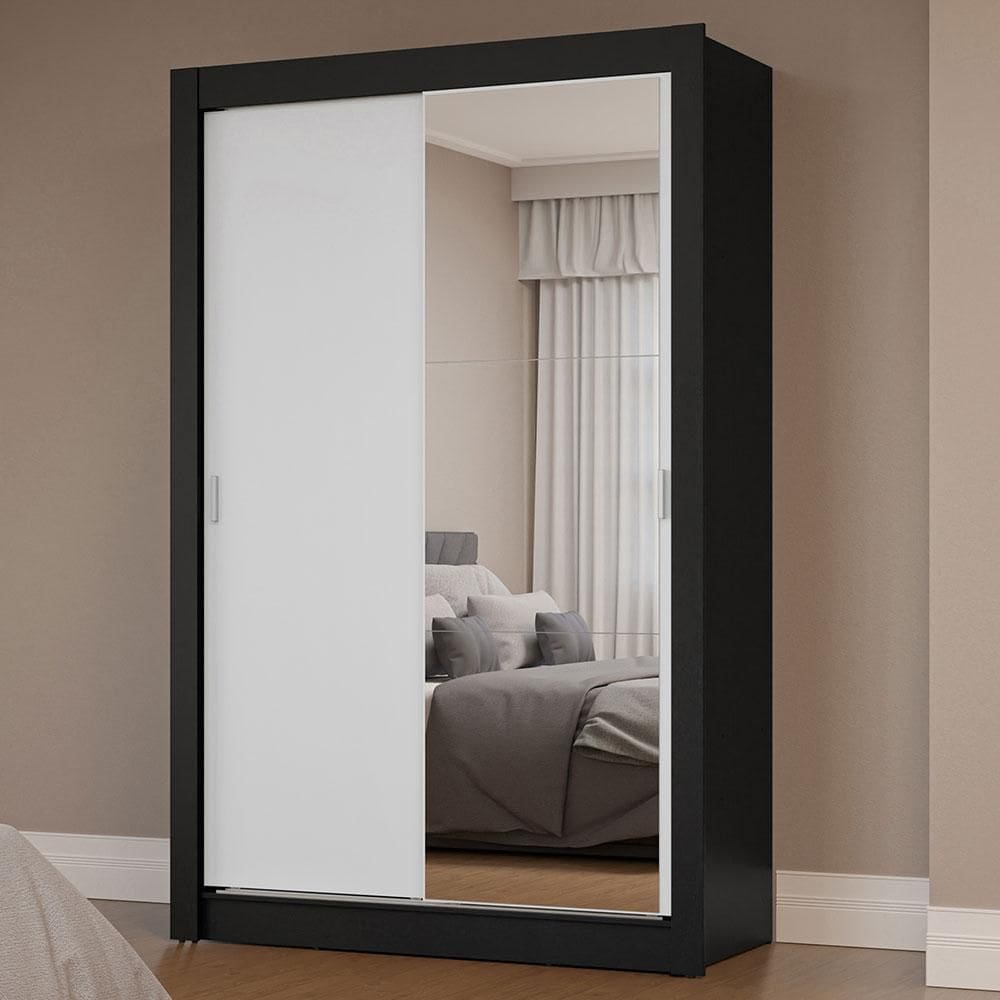 Guarda-Roupa Solteiro 2 Portas de Correr com Espelho Preto/Branco Milano Madesa