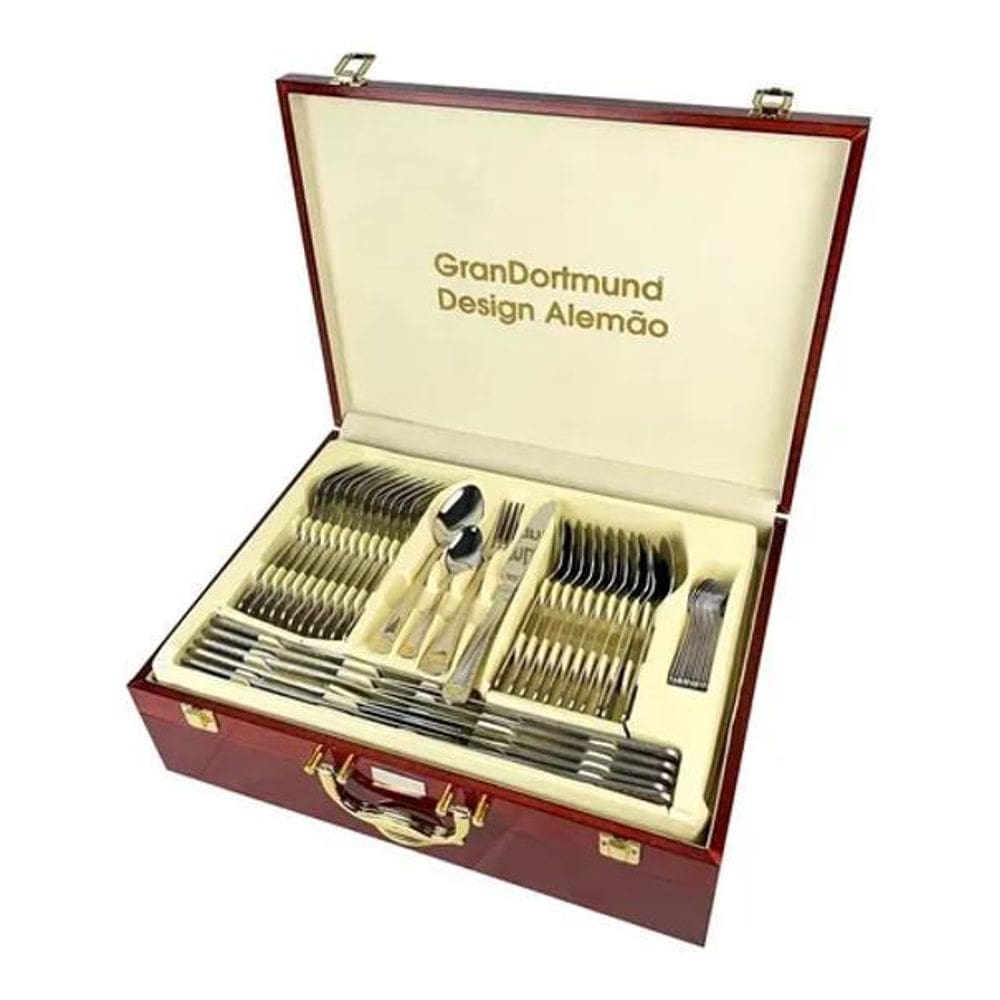 Faqueiro Inox Banhado A Ouro Grandortmund 84 Peças Luxo