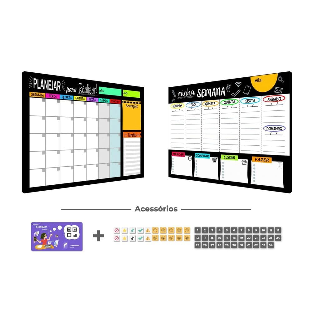 Quadros Planejadores Mensal E Semanal + 55 Imãs + Tecnologia