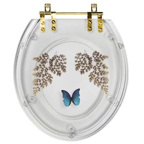 Assento Sanitário Decorado Oval Convencional Transparente Com Borboleta Azul Com Ferragem Dourada