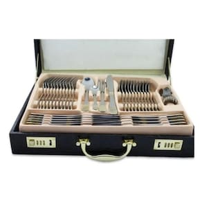 Faqueiro Inox Luxo 84 Peças Dourado Com Maleta