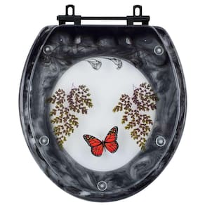 Assento Sanitário Poliester Decorado Oval Convencional Preto Avenca com Borboleta Vermelha com Ferragem Preta