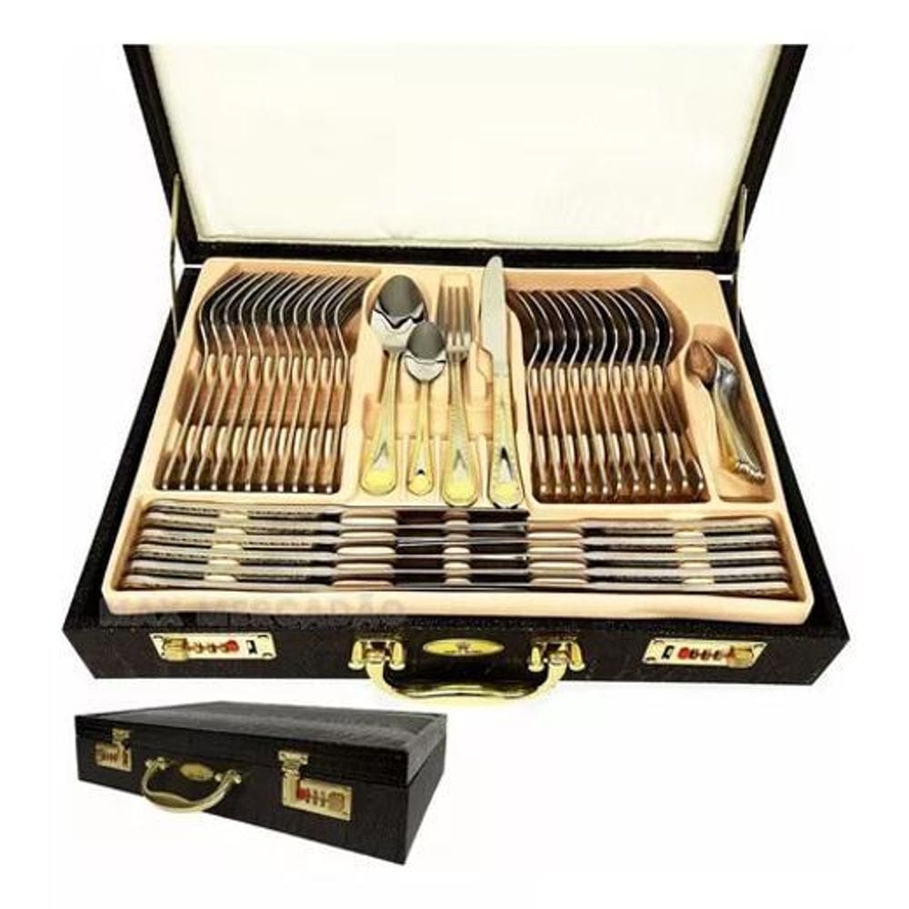 Faqueiro Inox 84 Peças Detalhe Dourado Luxo