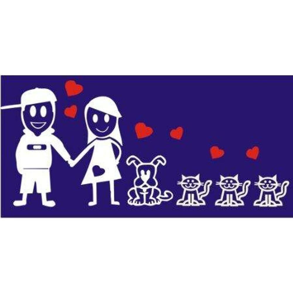 Adesivo Carro Familia Feliz - Casal + 1 Cachorro + 3 Gatos