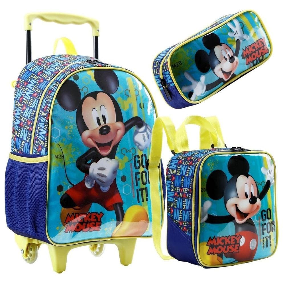 Kit Mochila + Lancheira + Estojo Mickey Mouse Disney Azul 30x40x15 cm