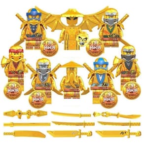 Kit 8 Bonecos Blocos De Montar Dourado Escudo Ninjago
