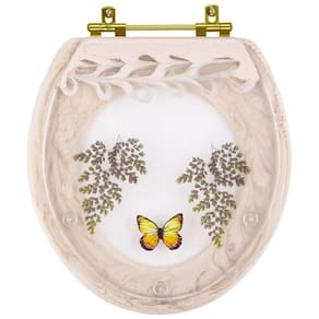 Assento Sanitário Poliester Oval Bege Claro Decorado Borboleta Amarela Com Ferragem Dourada