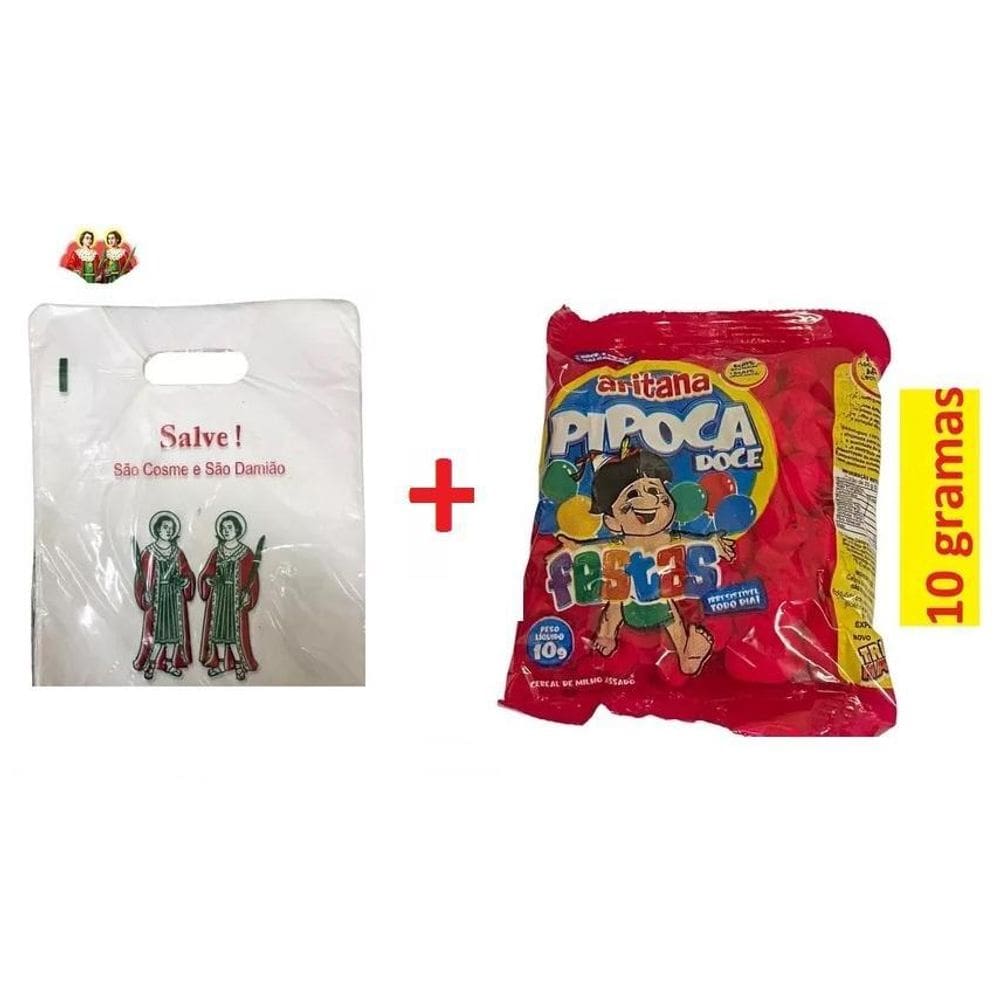 Kit Cosme Damião 100 Un Pipoca Doce + 100Un Sacolas 33X24