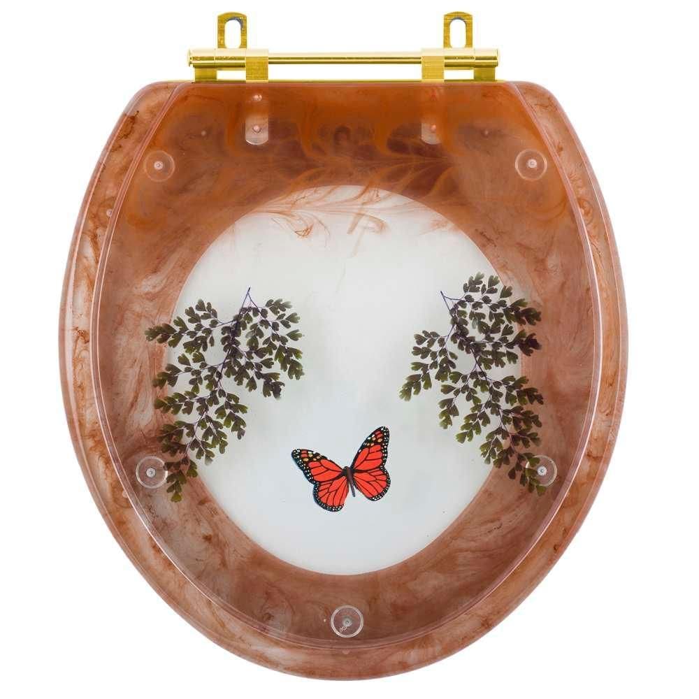 Assento Sanitário Poliester Oval Caramelo Decorado Borboleta Vermelha Com Ferragem Dourada