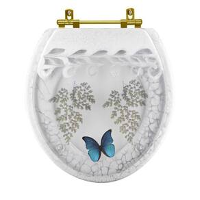 Assento Sanitário Poliester Oval Branco Decorado Borboleta Azul Com Ferragem Dourada