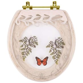 Assento Sanitário Poliester Decorado Oval Convencional Areia Avenca com Borboleta Vermelha Com Ferragem Dourada