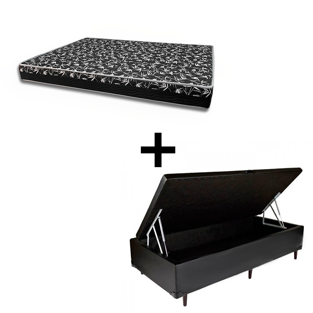 Cama Box Baú Solteiro 88 Tecido Sintético Preto com Colchão Belize Bello Box - D33 Preto 58x88x188
