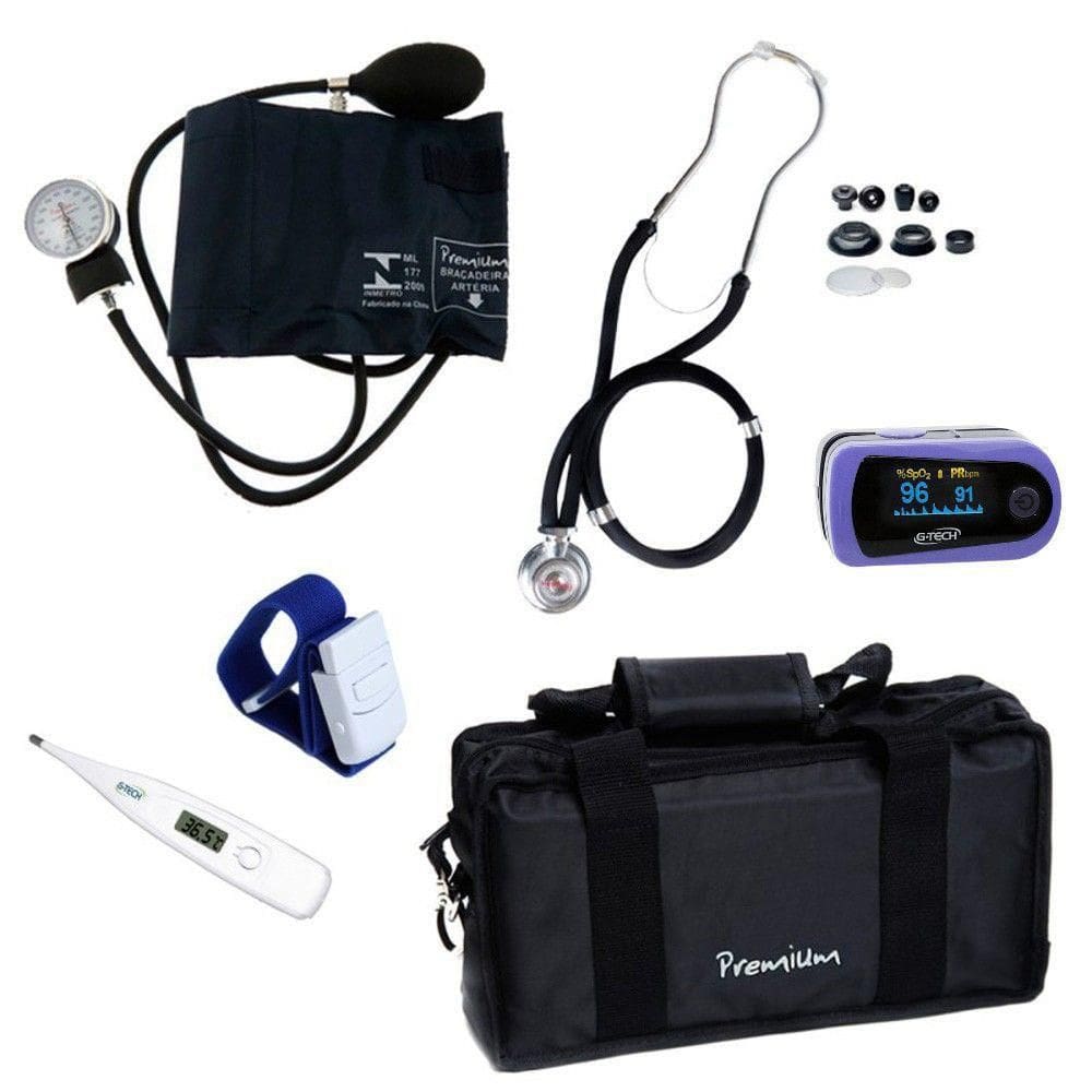 Kit Acadêmico Esfigmomanômetro + Esteto + Oximetro + Termômetro + Garrote + Bolsa