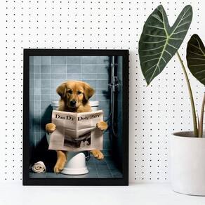 Quadro Cachorro No Banheiro Lendo Jornal 24X18Cm