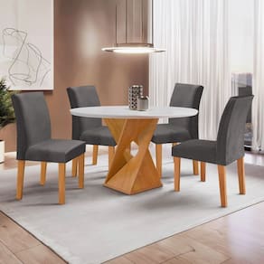 Conjunto Mesa Barcelona 100cmx100cm 4 Cadeiras Espanha Tampo Slim Plus Redondo Yescasa Cinamomo/Off White/Cinza