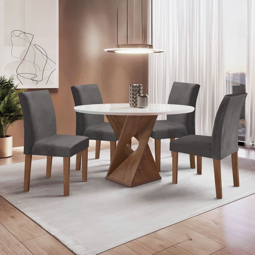 Conjunto Mesa Barcelona 100cmx100cm 4 Cadeiras Espanha Tampo Slim Plus Redondo Vidro Yescasa Chocolate/Off White/Cinza