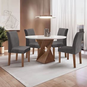 Conjunto Mesa Barcelona 100cmx100cm 4 Cadeiras Espanha Tampo Slim Plus Redondo Vidro Yescasa Chocolate/Off White/Cinza