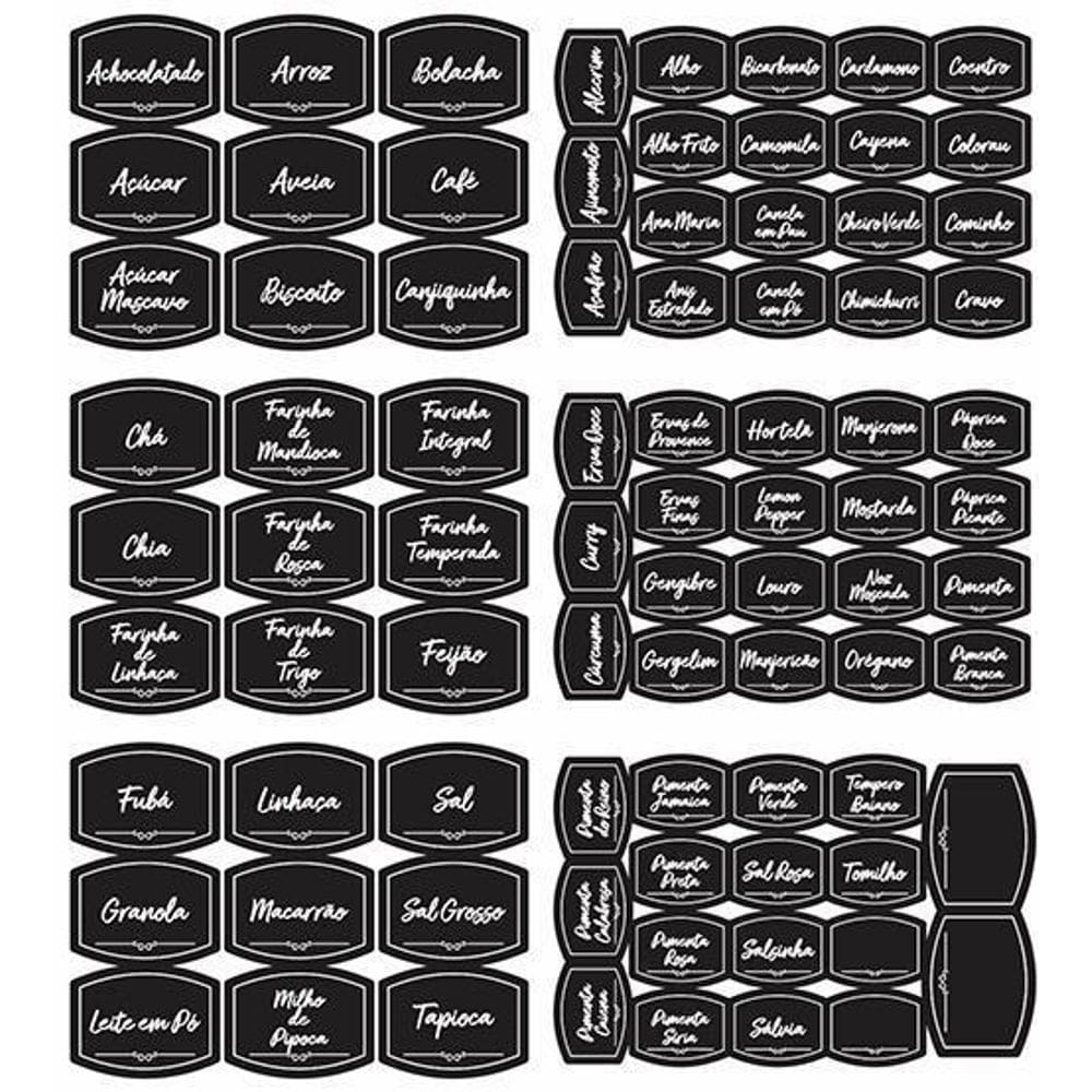 Kit 82 Etiquetas Alimentos E Pote Temperos Adesivo Preto