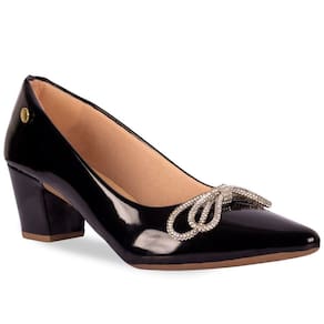 Scarpin Feminino Salto Grosso Verniz Laço Strass