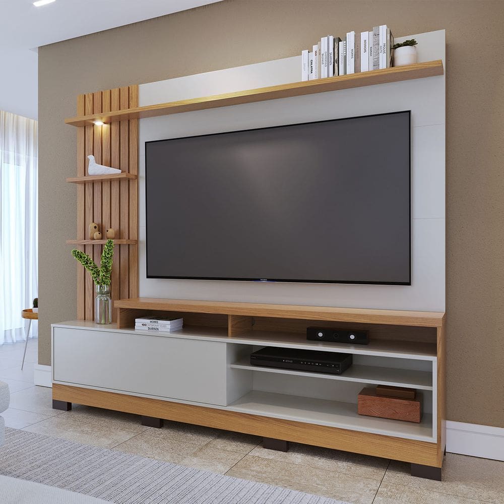 Estante Home 200 Cm com Pés Ripado Lateral Spot de Led para TV até 65` Maceio Freijó Off White