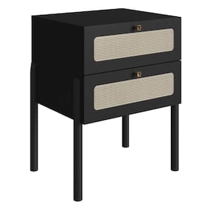 Mesa Cabeceira 2 Gavetas Oslo Artesano 48 cm (larg) MDP Nero Palha Sintética Bege Pé Madeira Maciça