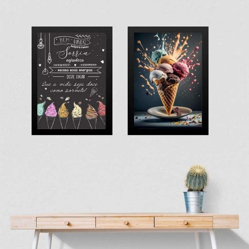 Kit 2 Quadros Para Decorar Sorveteria 45X34Cm - Com Vidro