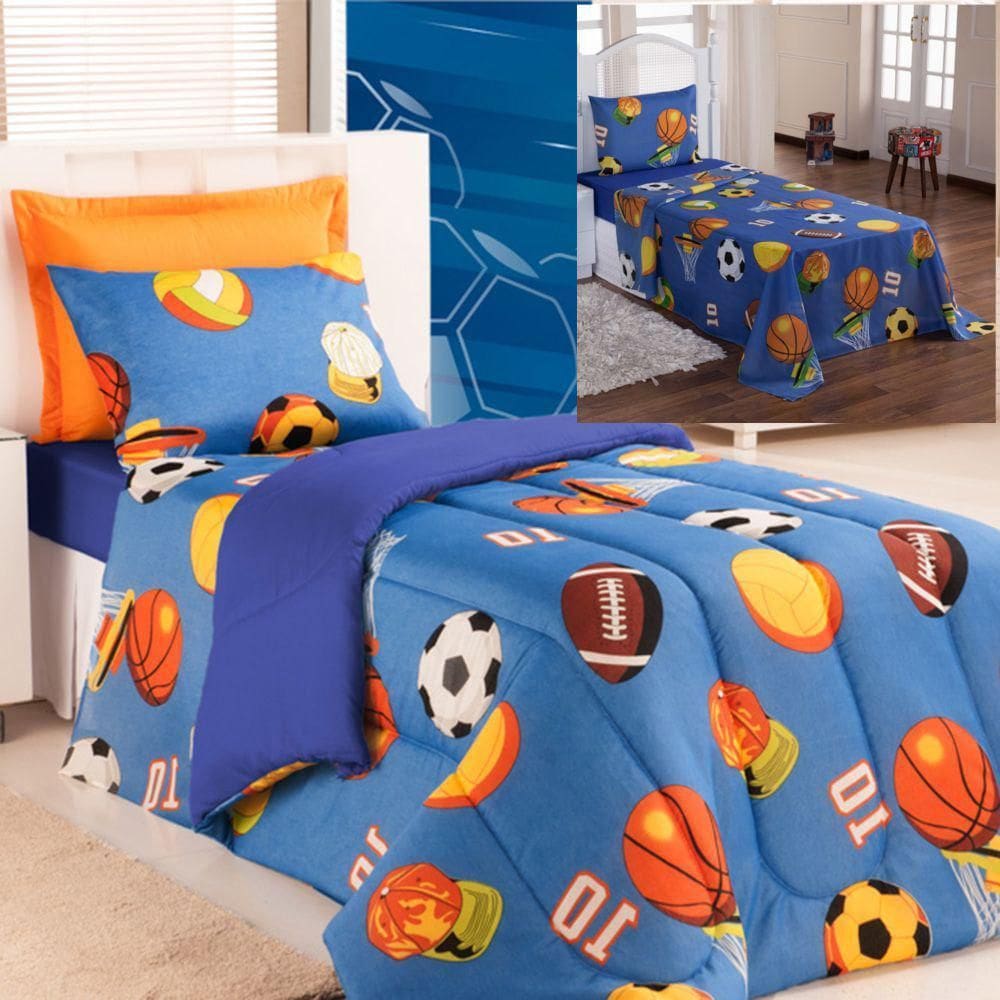 Kit Coordenado Edredom Com Lençol Solteiro Alegria - Azul