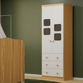 Guarda-roupa Infantil 61,70cm 2 Portas com Janelas e 3 Gavetas sem Pés 100% Mdf Mimo Espresso Móveis Branco/Amêndoa