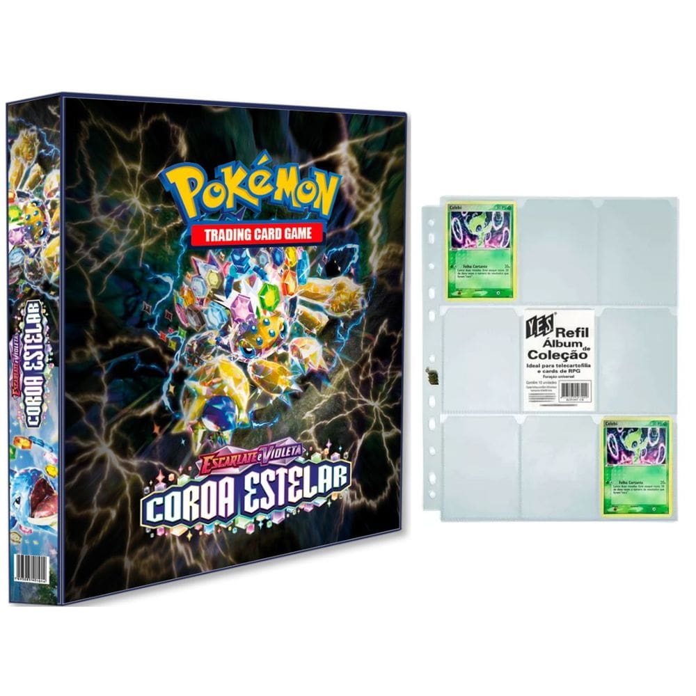 Album Pasta Fichário Pokemon Escarlete e Violeta Coroa Estelar com 10 Folhas 9 bolsos Capa Dura TCG