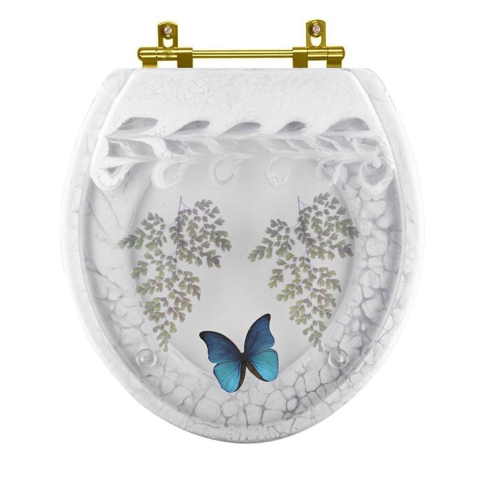 Assento Sanitário Decorado Oval Convencional Com Borboleta Azul Com Ferragem Dourada