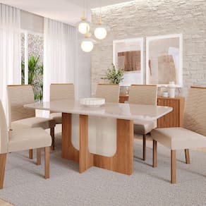 Sala de Jantar Louise 180cm com 6 Cadeiras Clarice Wood Cinamomo/Off Nude