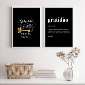 Kit 2 Quadros Gratidão Chave 33x24 - Moldura Preta