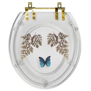 Assento Sanitário Poliester Oval Transparente Decorado Borboleta Azul Com Ferragem Dourada