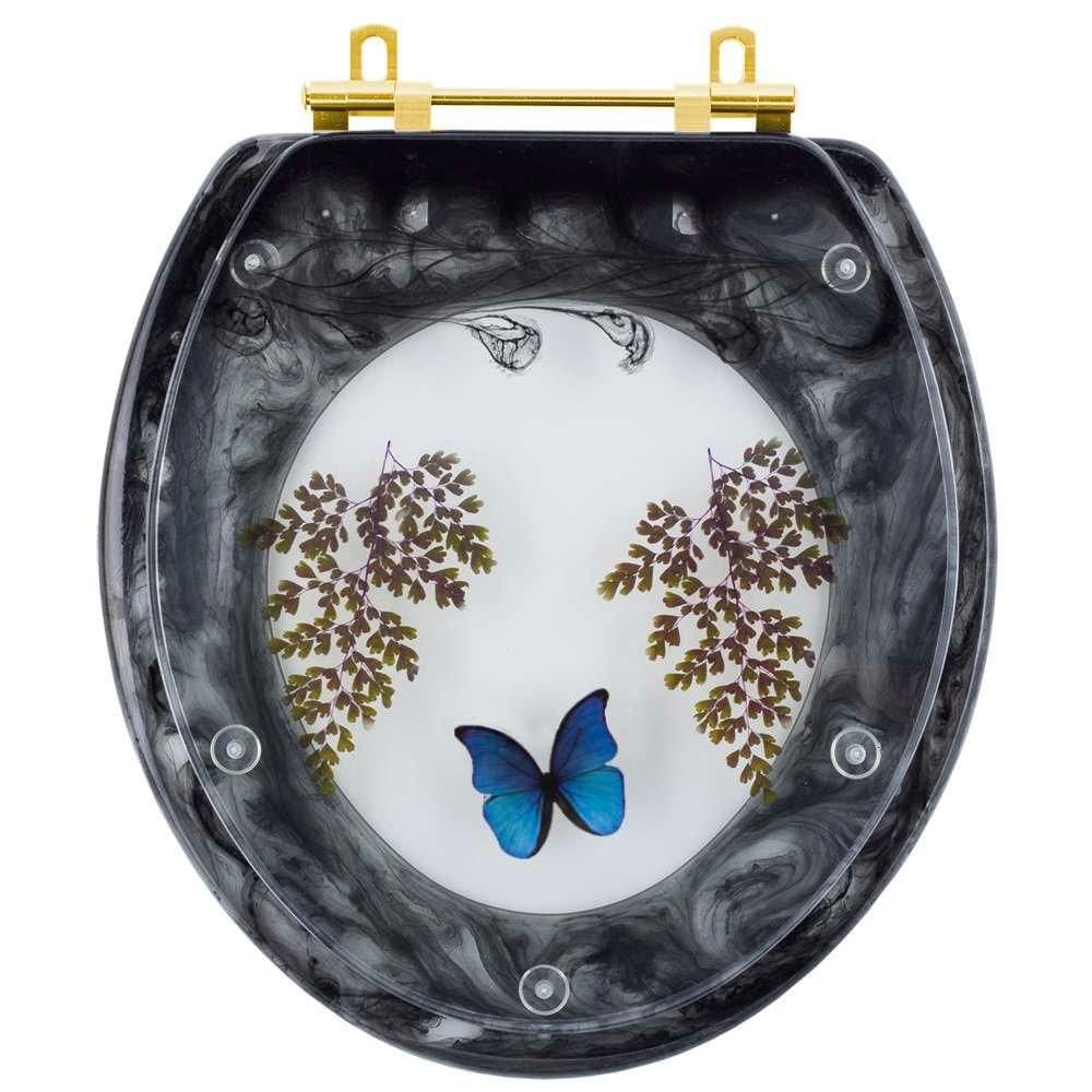 Assento Sanitário Decorado Oval Convencional Preto Com Borboleta Azul Com Ferragem Dourada